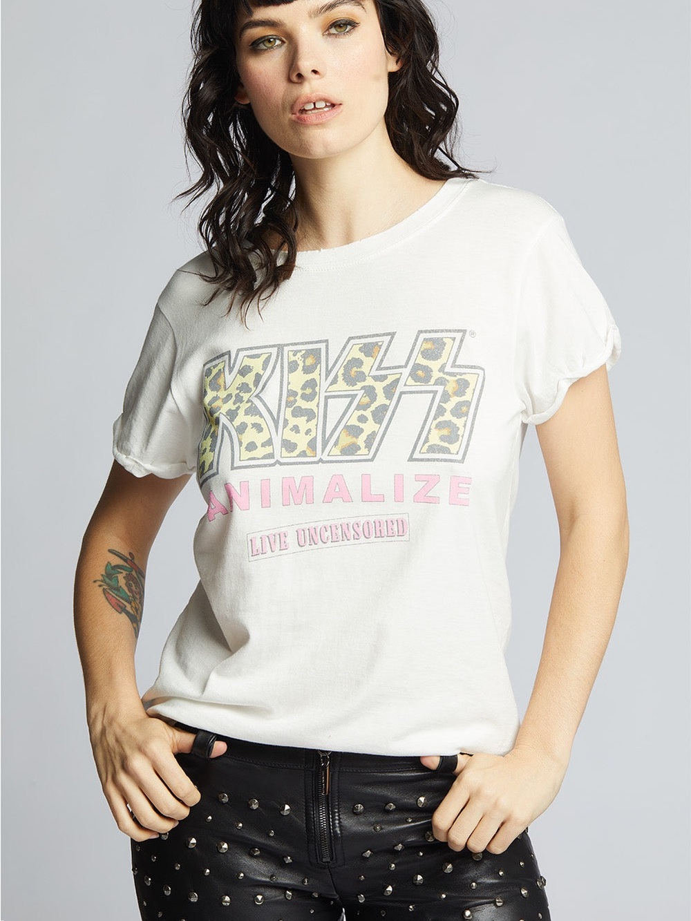 Recycled Karma Kiss White 'Animalize' Leopard Logo, Distressed Tee